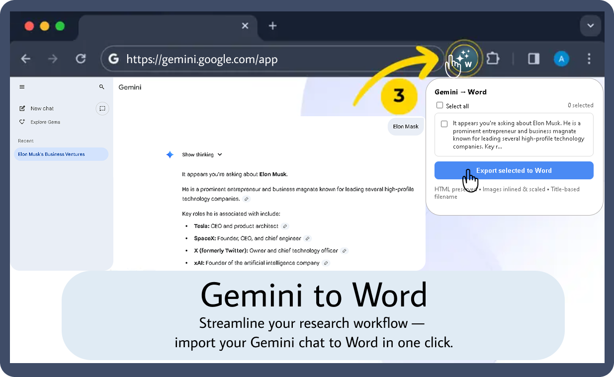 Gemini to Word Banner 2 - Features and interface overview showing export options